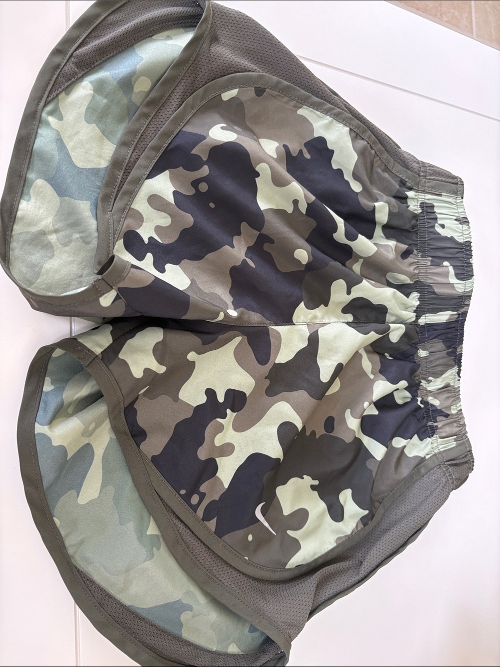 Nike Women’s Tempo Dri Fit  Camo Shorts in Olive and Black. Like new. Size XS